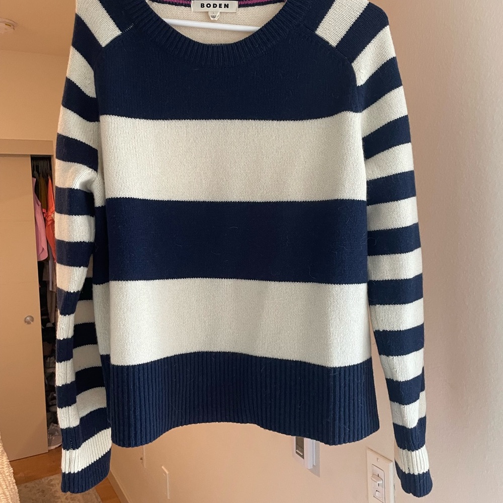 Boden Blue and White Crew Neck Sweater with Nautical Stripes